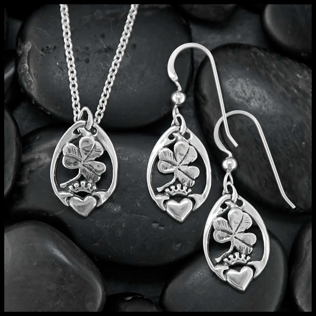 Claddagh and Shamrock Pendant and Earrings Set in Silver