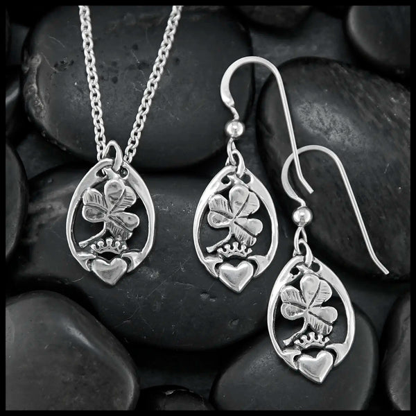 Claddagh and Shamrock Pendant and Earrings Set in Silver