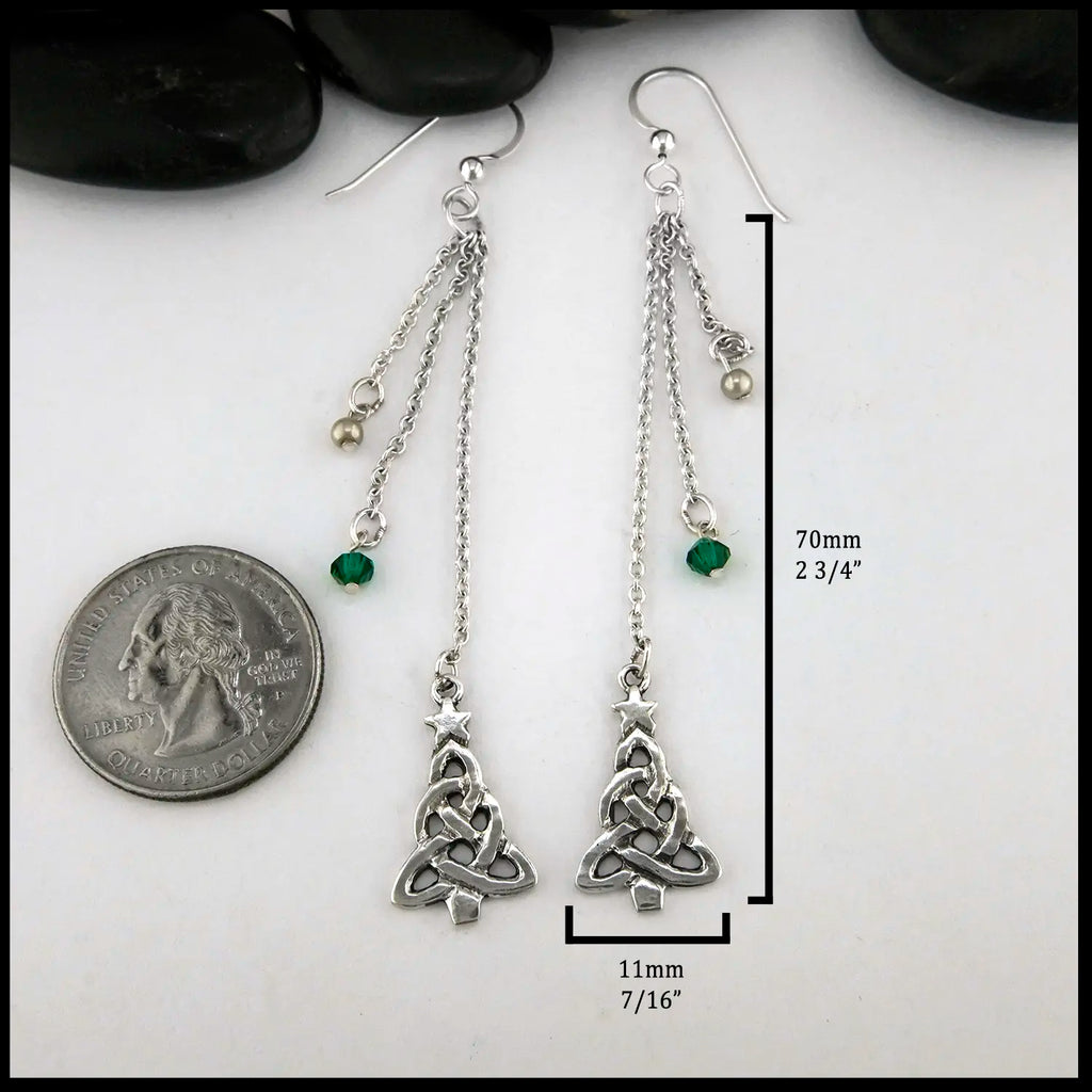 Christmas Tree Drop Earrings with Czech Green Glass, Sterling Silver
70mm x 11mm