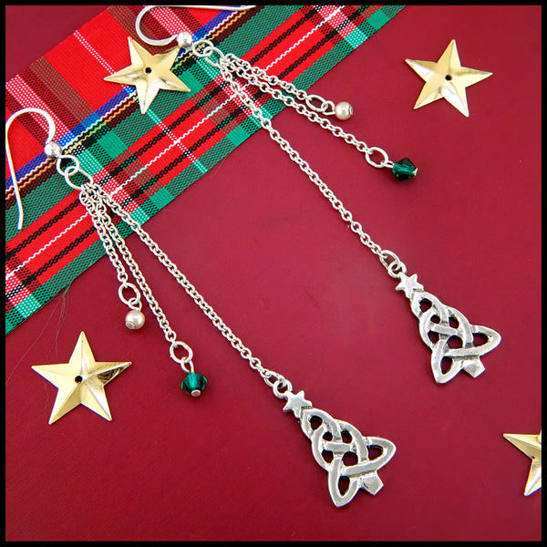 Christmas Tree Drop Earrings with Czech Green Glass, Sterling Silver