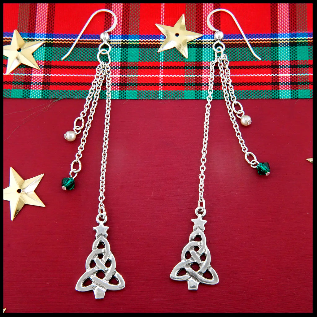 Christmas Tree Drop Earrings with Czech Green Glass, Sterling Silver