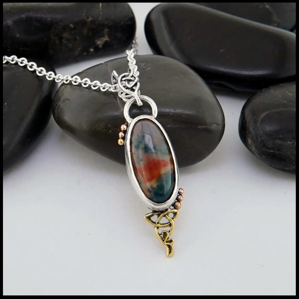 Moss Agate Pendant in Sterling Silver and 18K Gold