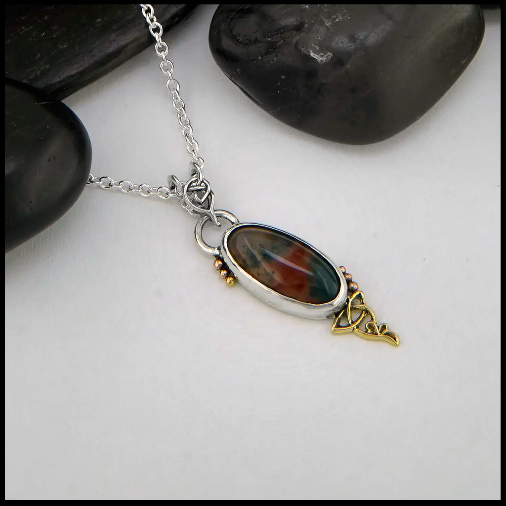 Moss Agate Pendant in Sterling Silver and 18K Gold