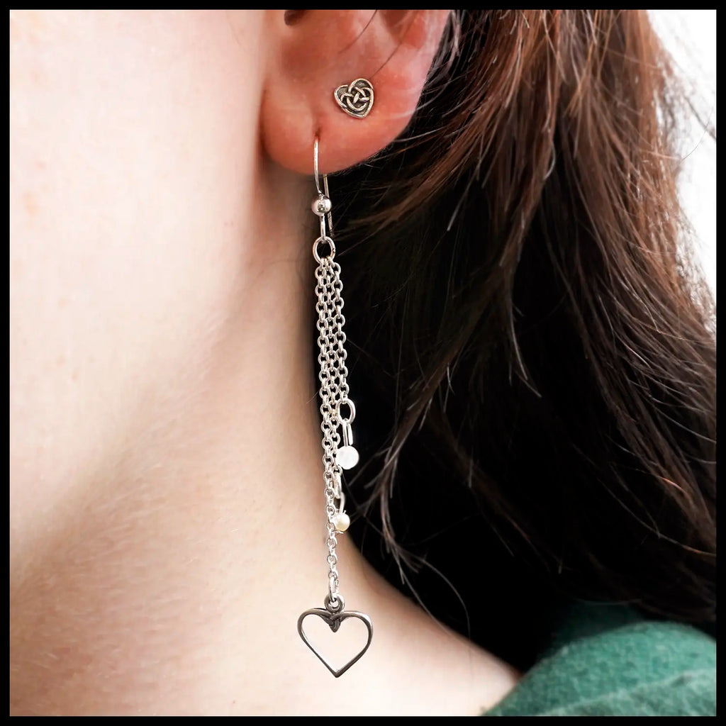 Colleen's Heart Chained Drop Earrings in Sterling Silver
