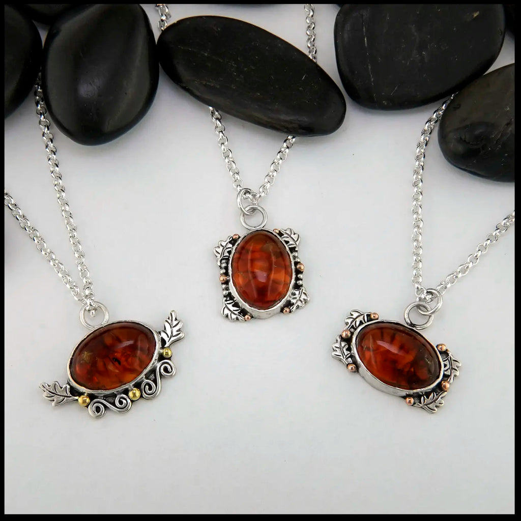 Amber Oak Leaf Pendants in Sterling Silver and 14/18K gold