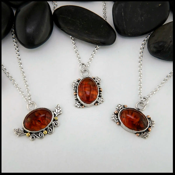 Amber Oak Leaf Pendants in Sterling Silver and 14/18K gold