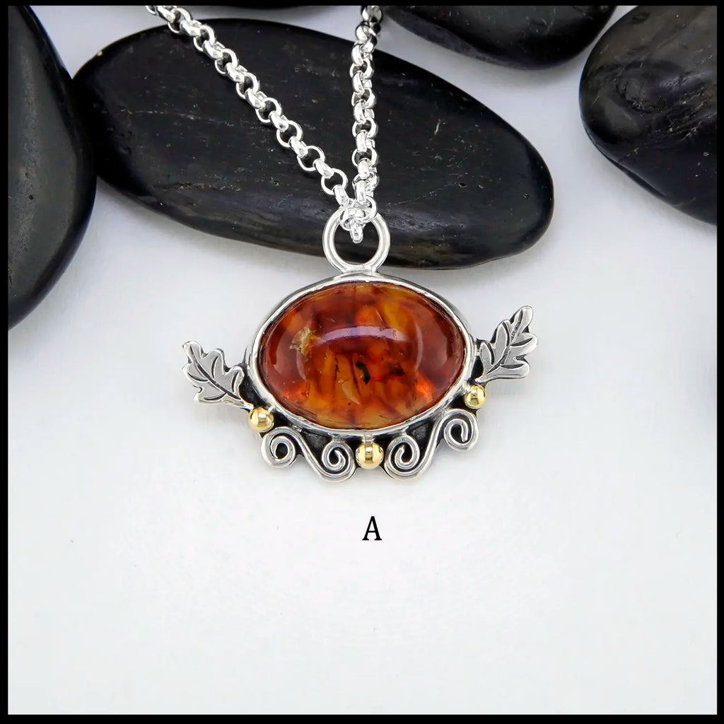 Pendant A- Amber Oak Leaf Pendants in Sterling Silver and 18K gold