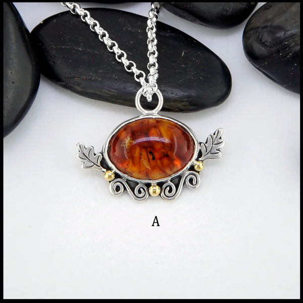 Pendant A- Amber Oak Leaf Pendants in Sterling Silver and 18K gold