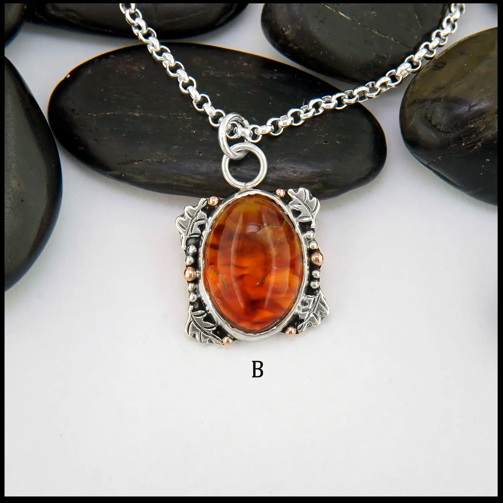 Pendant B- Amber Oak Leaf Pendants in Sterling Silver and 14K gold