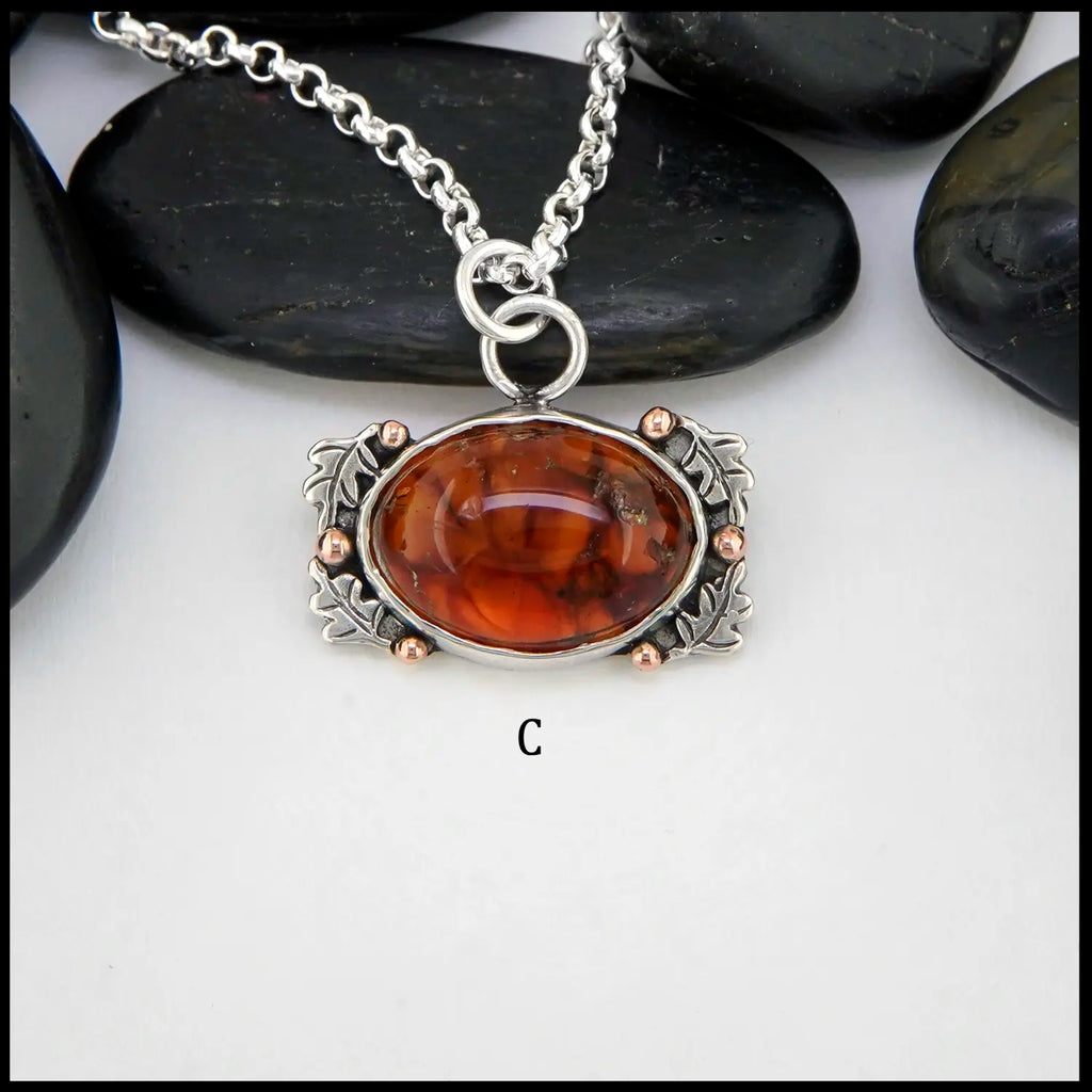 Pendant C- Amber Oak Leaf Pendants in Sterling Silver and 14K gold