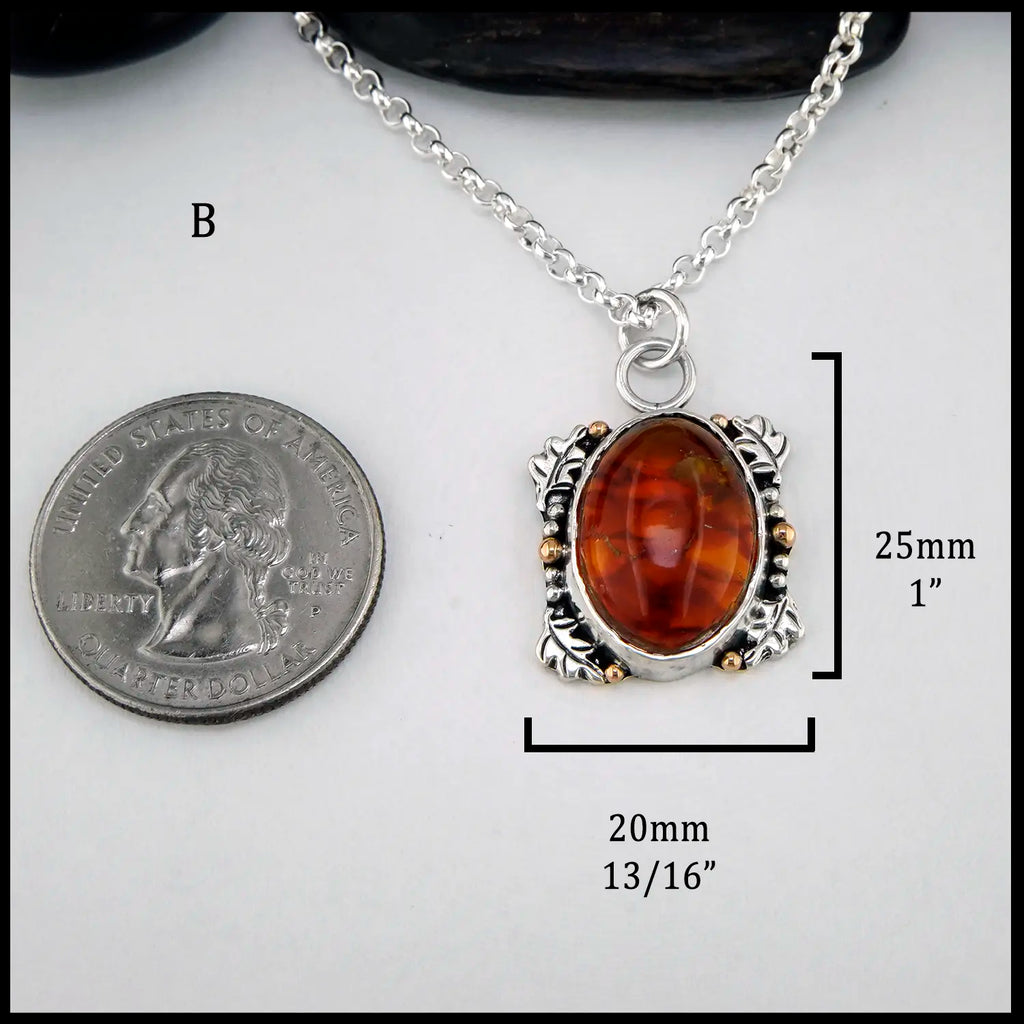 Pendant B- Amber Oak Leaf Pendants in Sterling Silver and 14K gold
25mm x 20mm