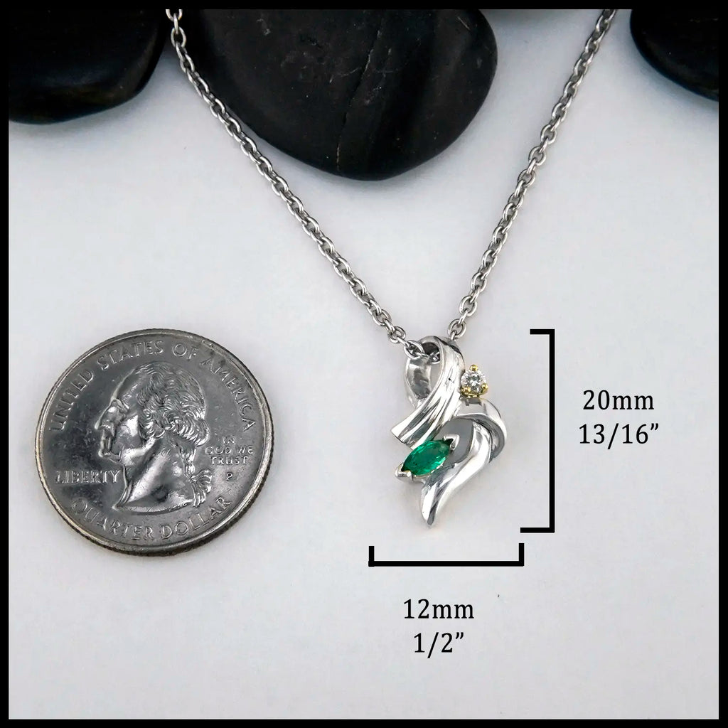 Marquise Emerald Pendant in Sterling Silver with Diamond in 14K Gold Setting
20mm x 12mm