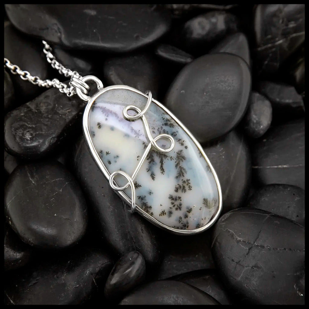 Dendritic Opal Owl Pendant in Sterling Silver