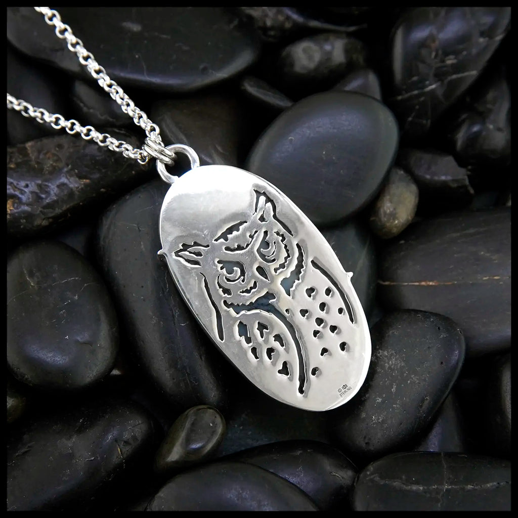 Dendritic Opal Owl Pendant in Sterling Silver