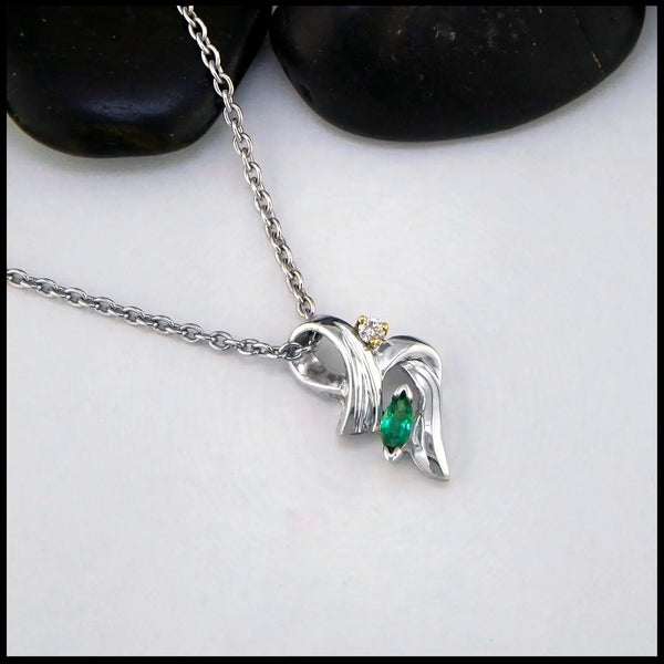 Marquise Emerald Pendant in Sterling Silver with Diamond in 14K Gold Setting