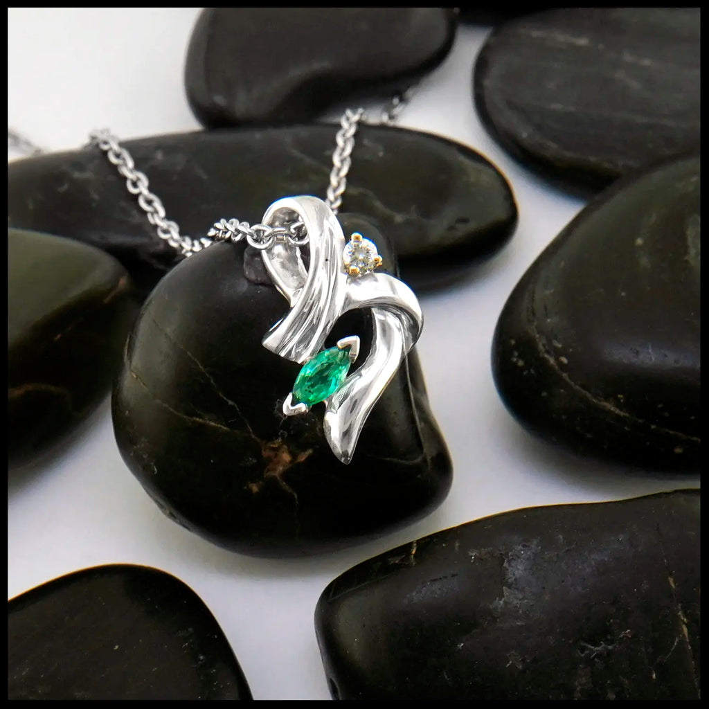 Marquise Emerald Pendant in Sterling Silver with Diamond in 14K Gold Setting
