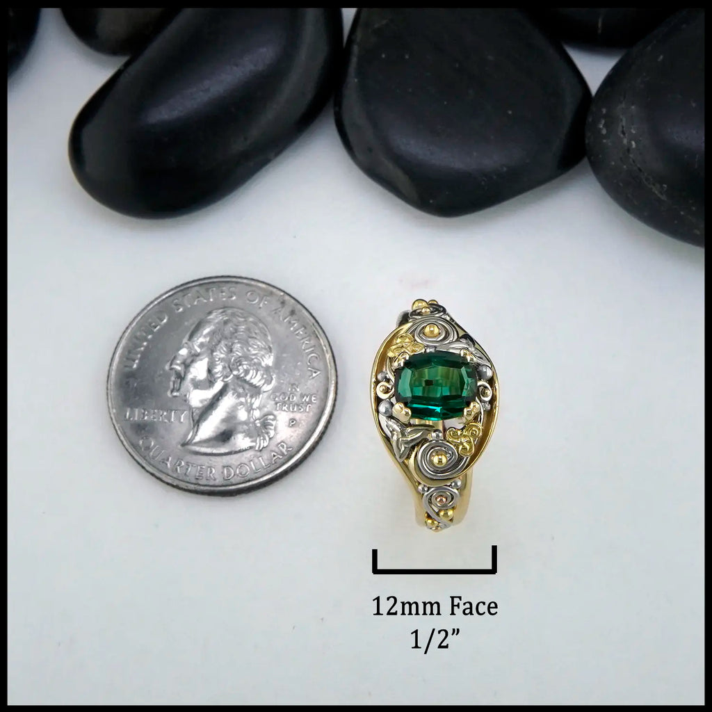 Green Tourmaline Frame Ring in 14K Gold
12mm Face