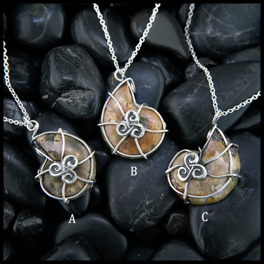 Ammonite Fossil Pendants in Sterling Silver and 14K Rose Gold