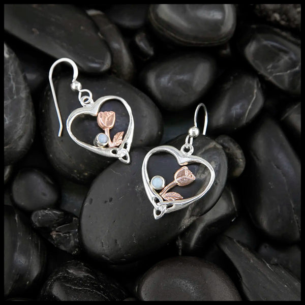 Heart Shaped Rose Earrings in Sterling Silver and 14K Rose Gold- Set with Opal