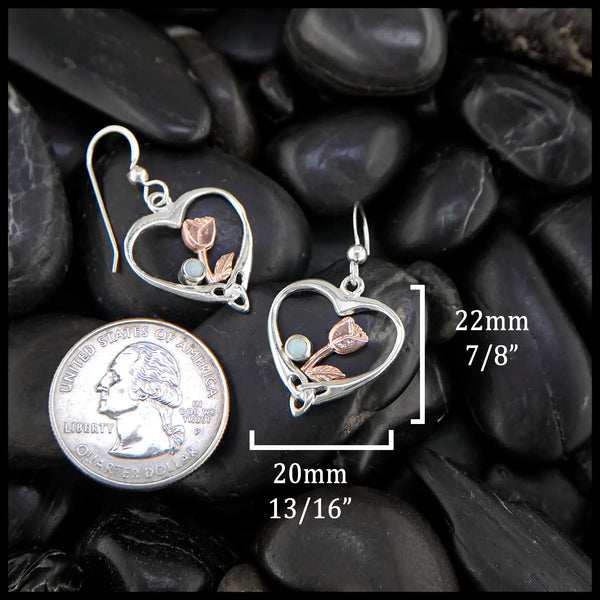 Heart Shaped Rose Earrings in Sterling Silver and 14K Rose Gold- Set with Opal