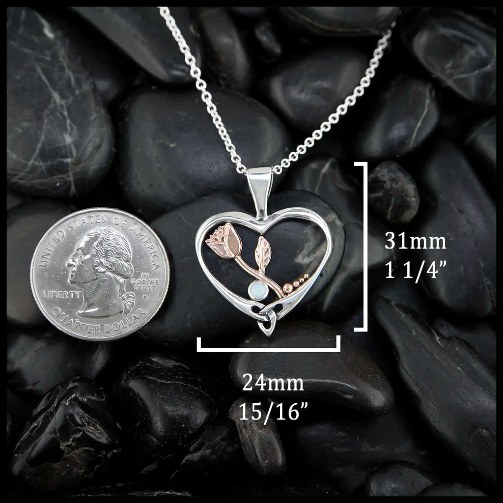 Heart Shaped Rose Pendant in Sterling Silver and 14K Rose Gold- 31mm x 24mm
