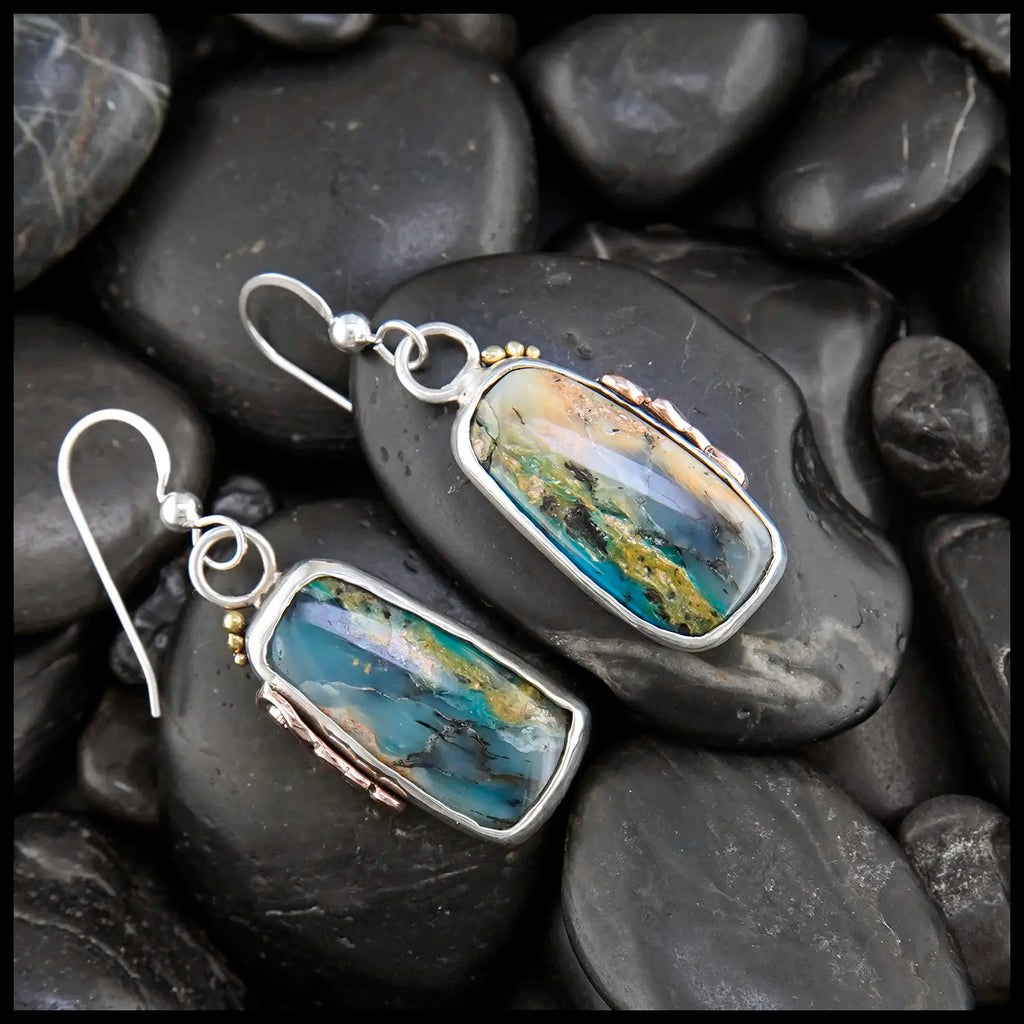 Peruvian Opal Drop Earrings in Sterling Silver, 14K Rose Gold, and 18K Yellow Gold