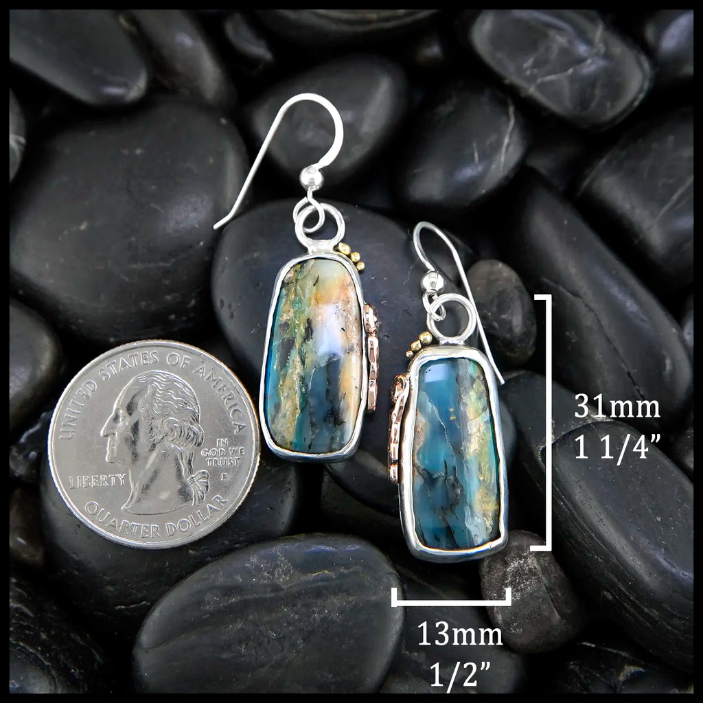 Peruvian Opal Drop Earrings in Sterling Silver, 14K Rose Gold, and 18K Yellow Gold 31mm x 13mm
