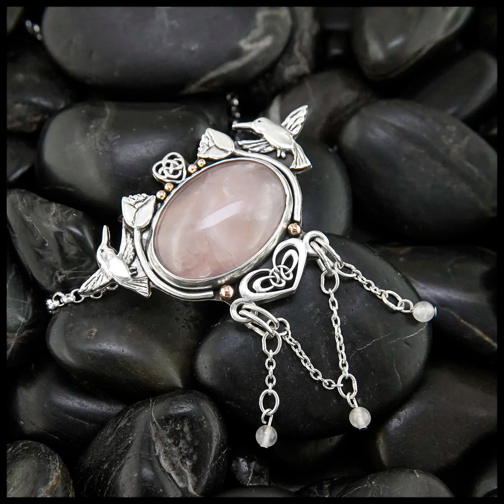 Custom Rose Quartz pendant in Sterling Silver and 14K Rose Gold