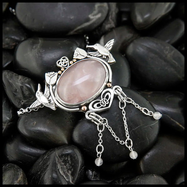 Custom Rose Quartz pendant in Sterling Silver and 14K Rose Gold