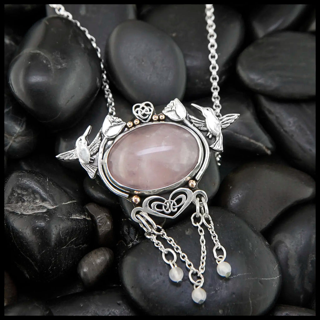 Custom Rose Quartz pendant in Sterling Silver and 14K Rose Gold