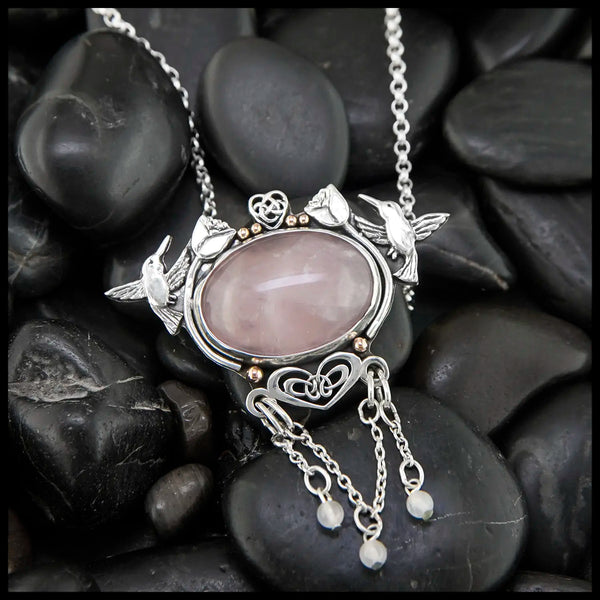 Custom Rose Quartz pendant in Sterling Silver and 14K Rose Gold
