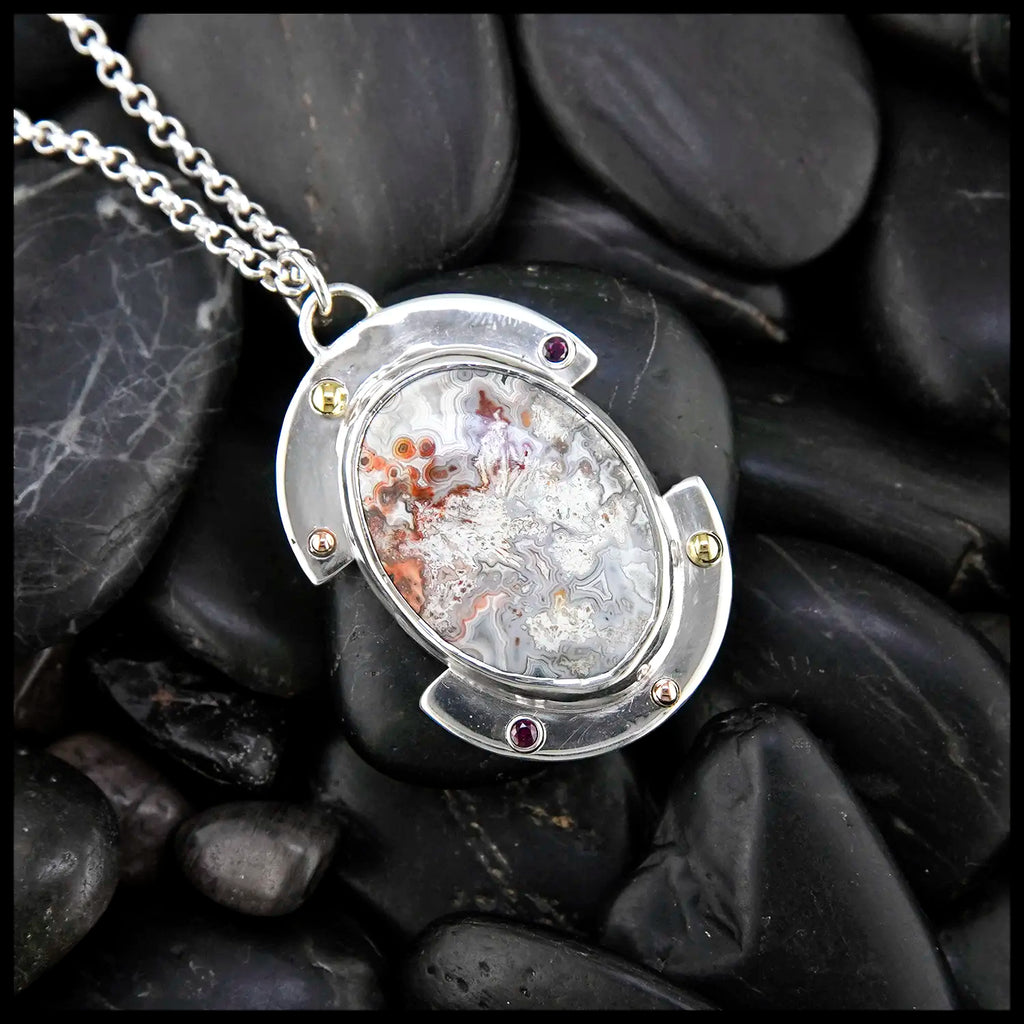 Agate and Ruby Custom Pendant in Sterling Silver, 14K, and 18K Gold
