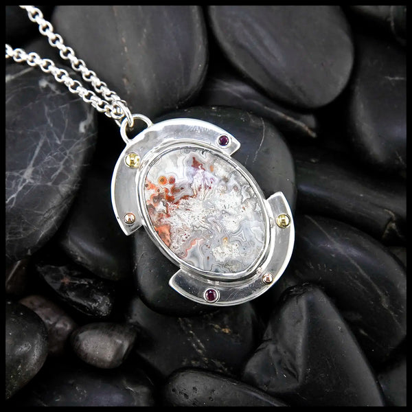 Agate and Ruby Custom Pendant in Sterling Silver, 14K, and 18K Gold