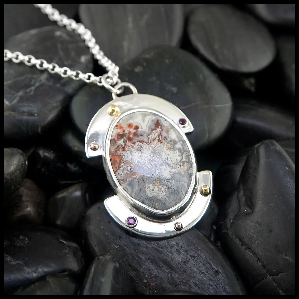 Agate and Ruby Custom Pendant in Sterling Silver, 14K, and 18K Gold