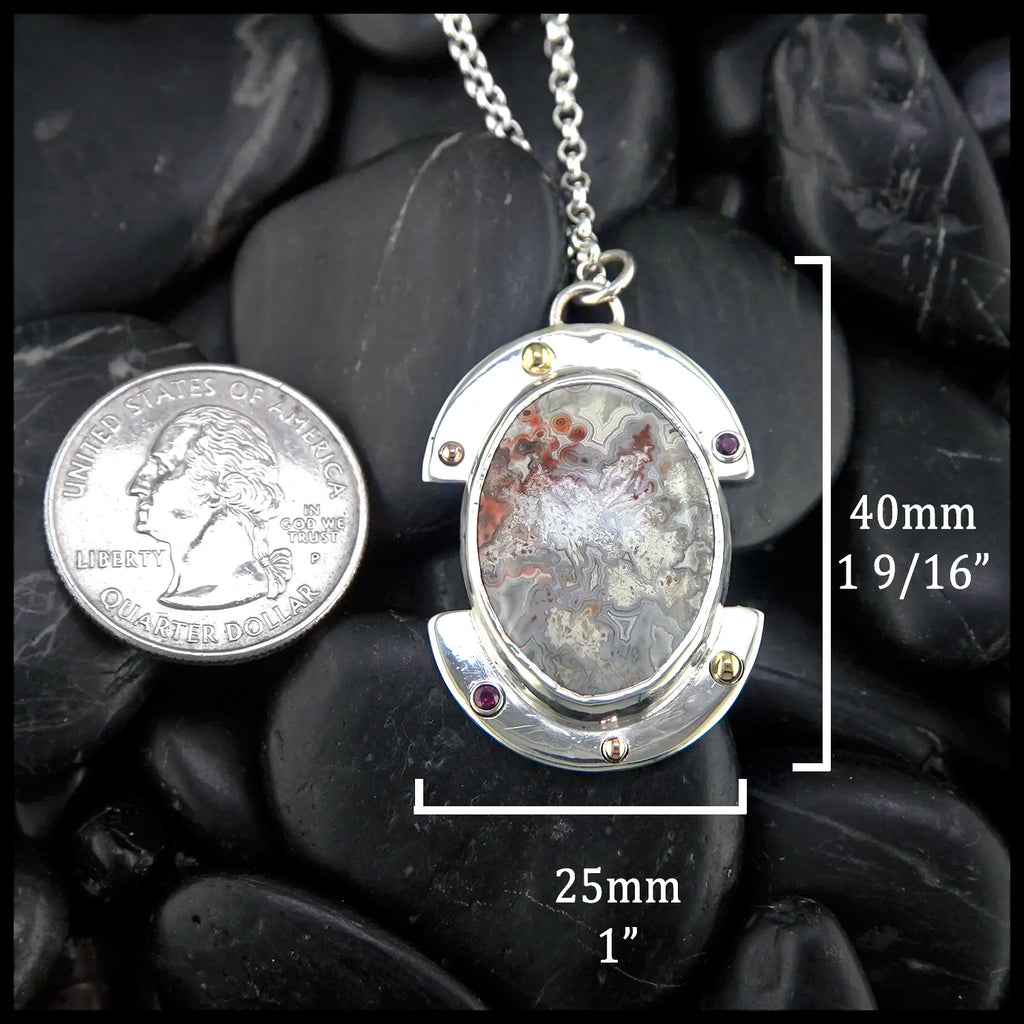 Agate and Ruby Custom Pendant in Sterling Silver, 14K, and 18K Gold
40mm x 25mm