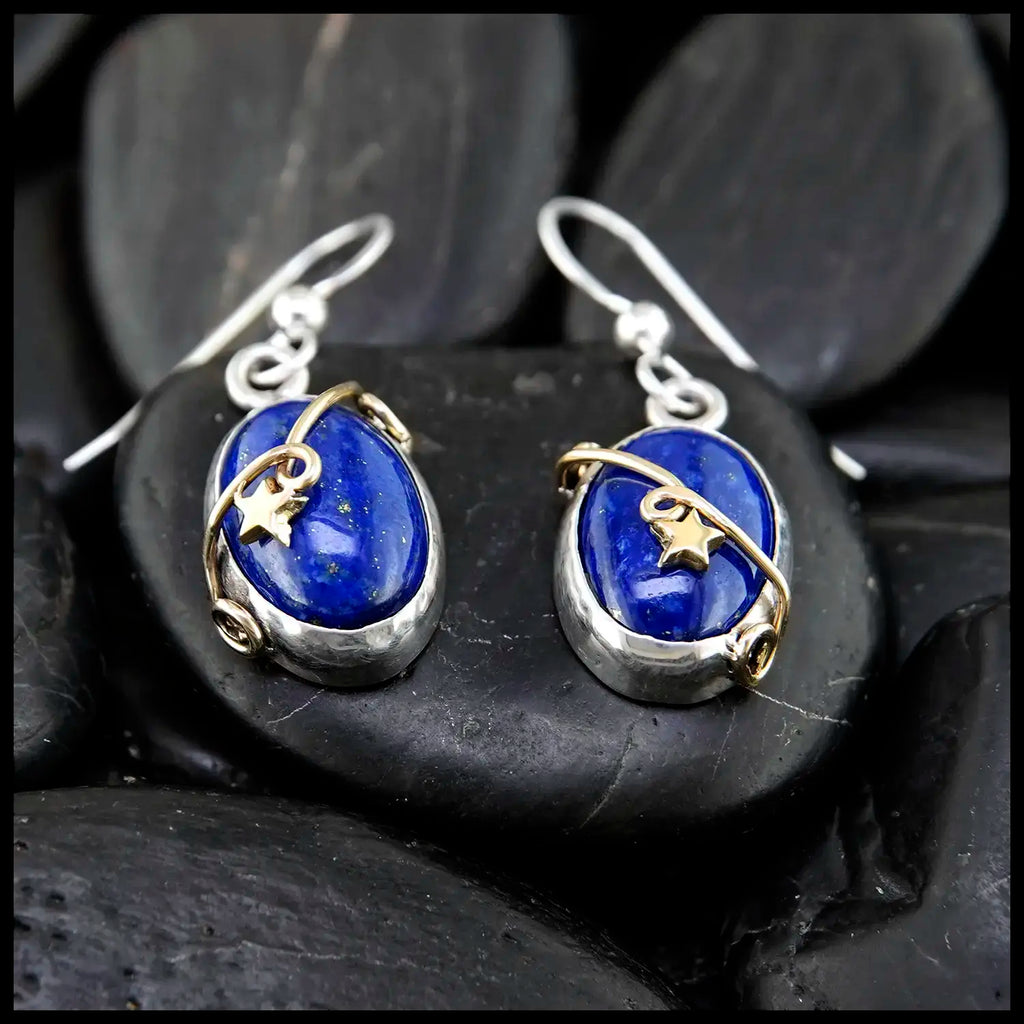 Sodalite Star Drop Earrings in Sterling Silver and 18K Yellow gold
