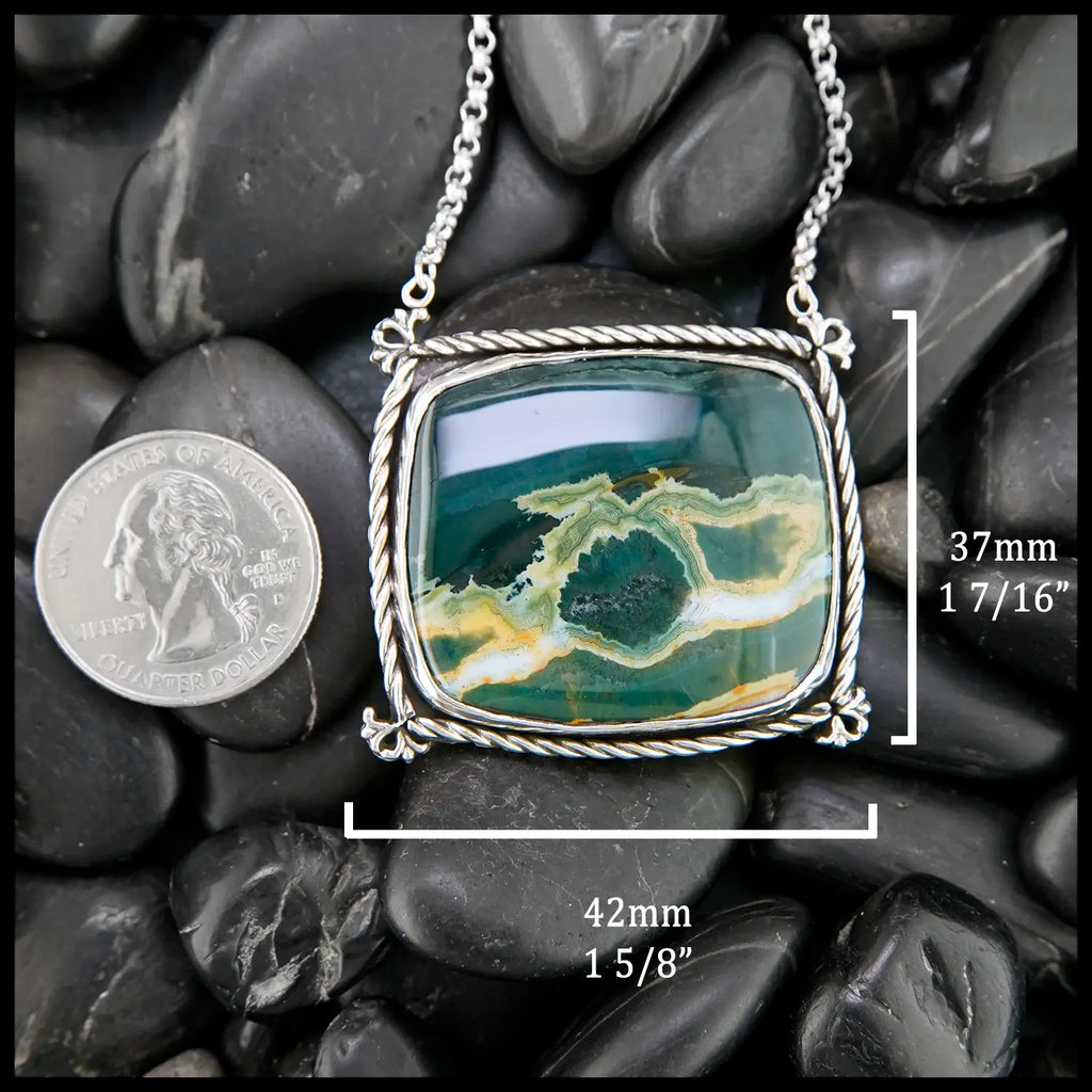 Ocean Jasper Set in a Braided Bezel, Sterling Silver
37mm x 42mm