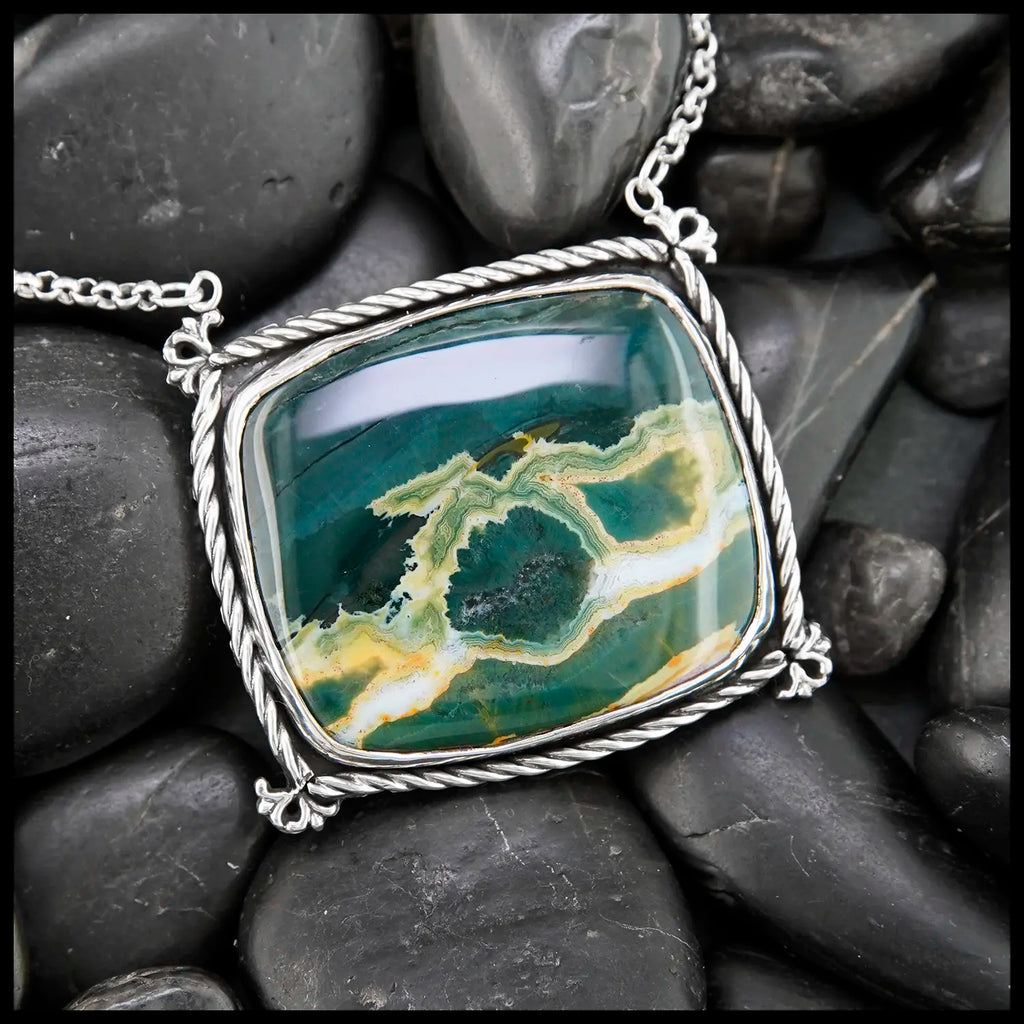 Ocean Jasper Set in a Braided Bezel, Sterling Silver