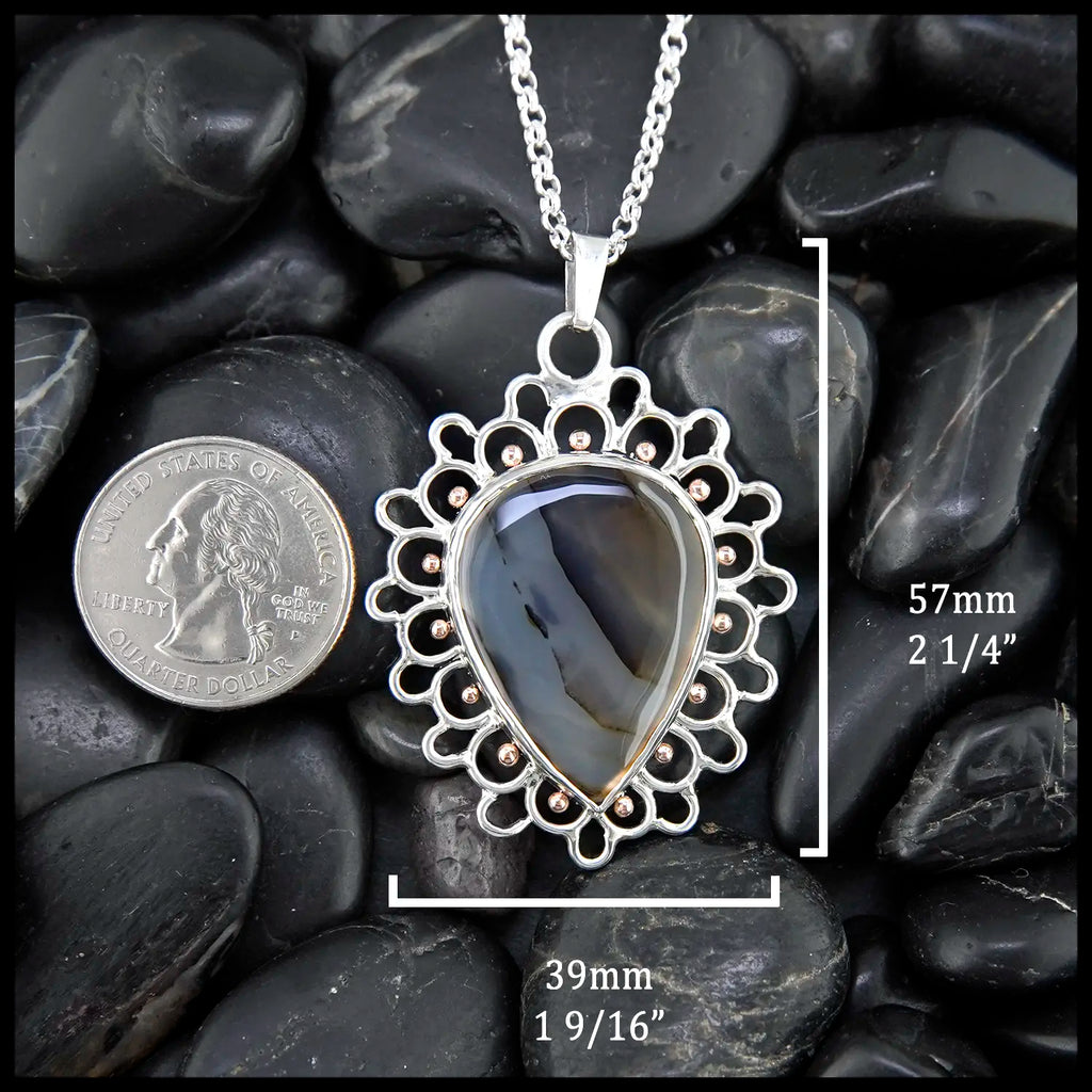 Montana Agate Lace Pendant in Sterling Silver and 14K Rose gold
57mm x 39mm