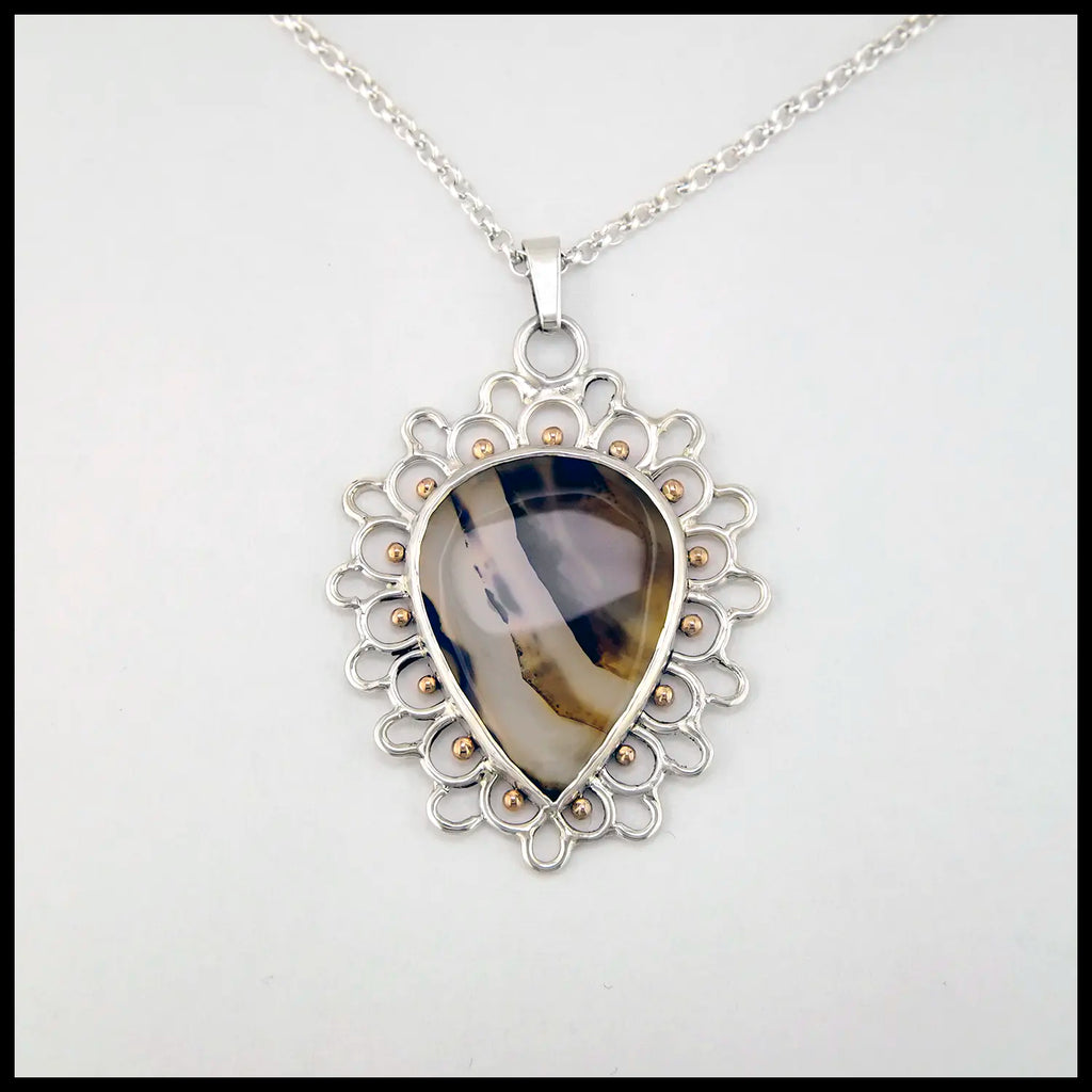Montana Agate Lace Pendant in Sterling Silver and 14K Rose gold