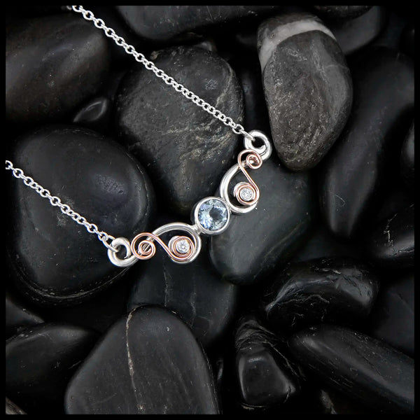 Aquamarine and Diamond Bar Necklace in Sterling Silver and 14K Rose Gold