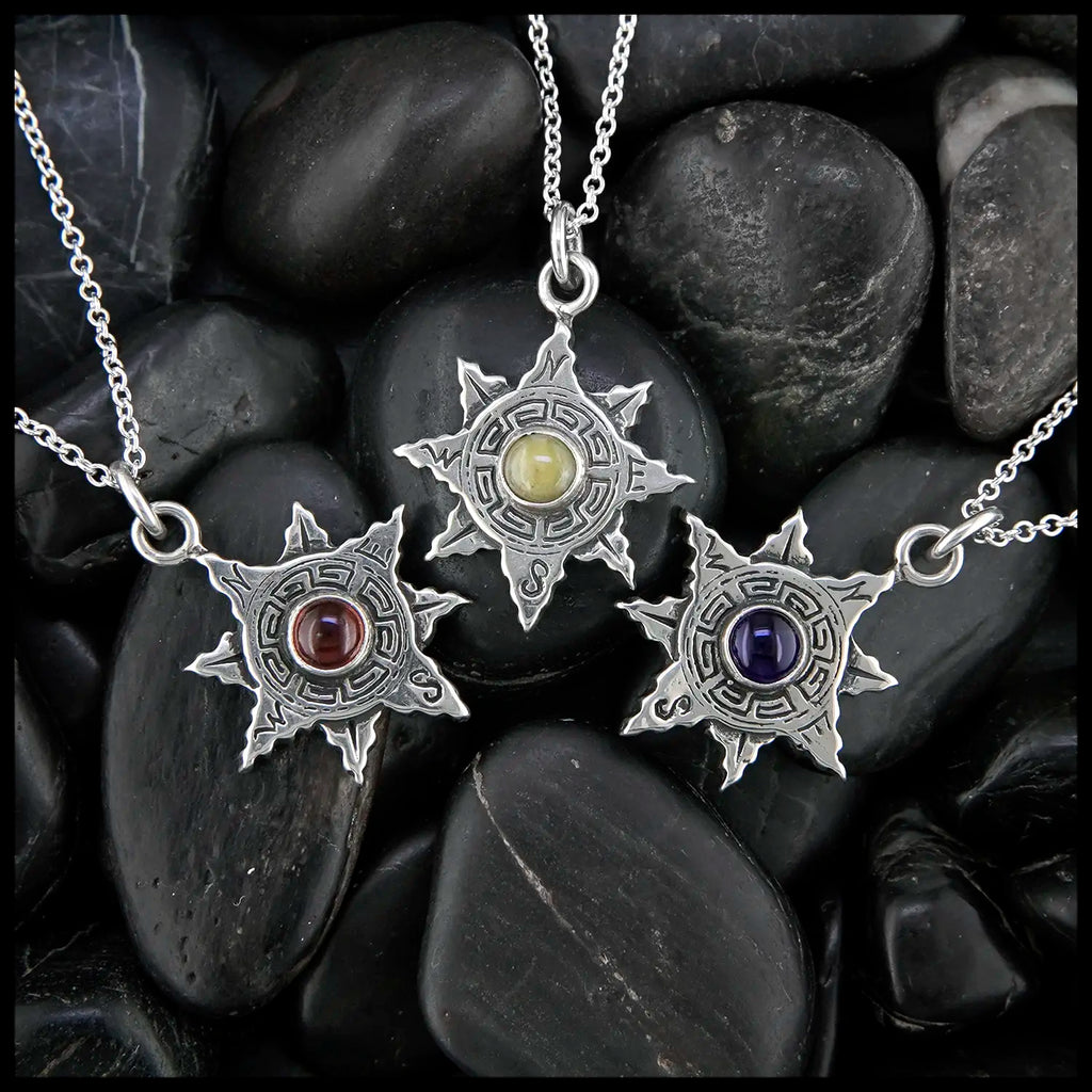 Celtic Waypoint Compass Pendants in Sterling Silver: Garnet, Connemara Marble, and Amethyst