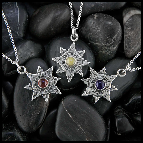 Celtic Waypoint Compass Pendants in Sterling Silver: Garnet, Connemara Marble, and Amethyst