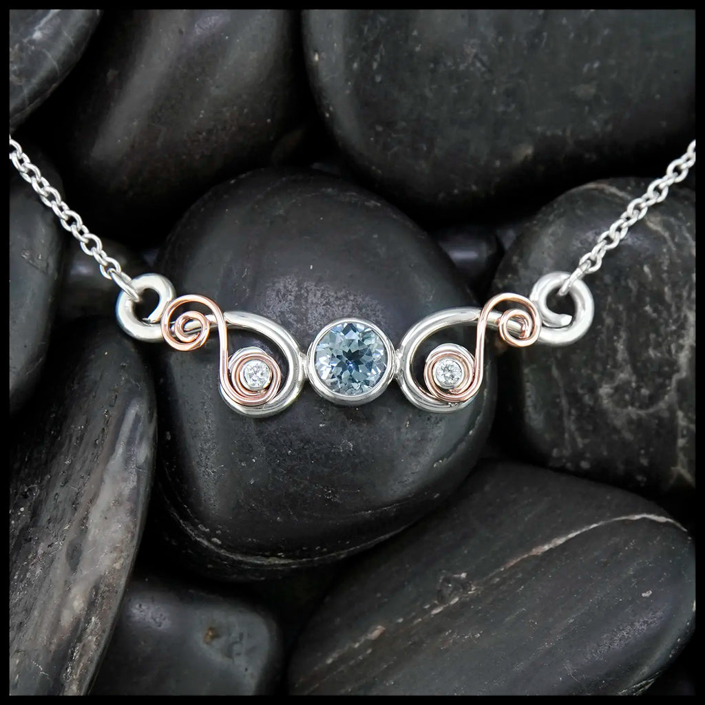 Aquamarine and Diamond Bar Necklace in Sterling Silver and 14K Rose Gold