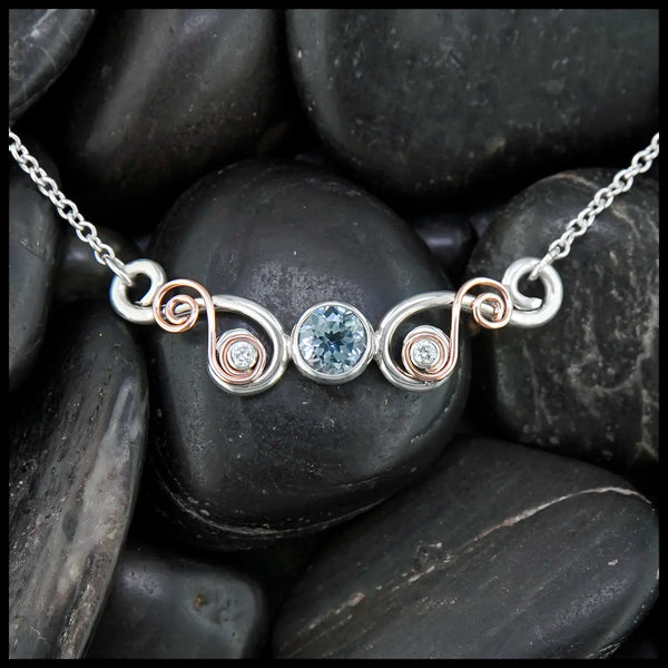 Aquamarine and Diamond Bar Necklace in Sterling Silver and 14K Rose Gold
