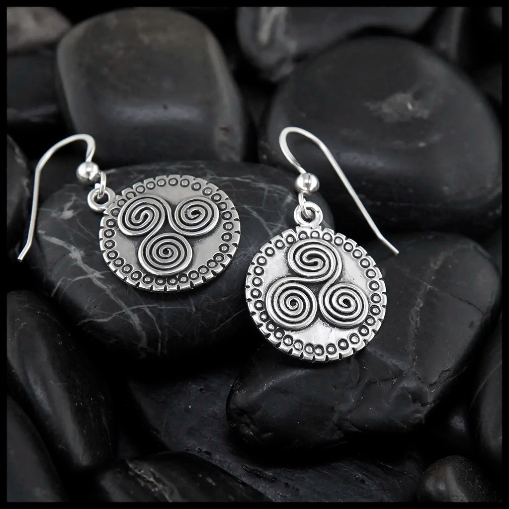 Newgrange Triskele Drop earrings in Sterling Silver