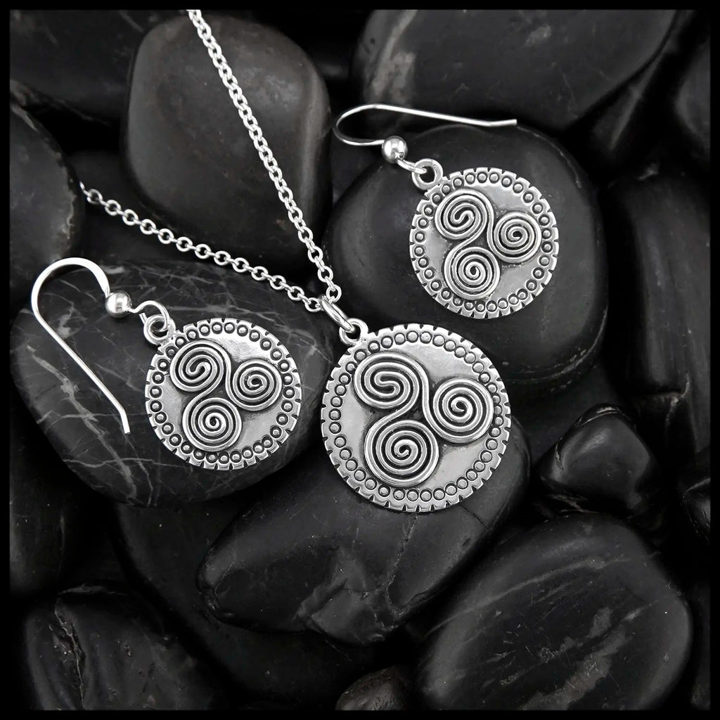 Newgrange Triskele Pendant and Earring Set in Sterling Silver