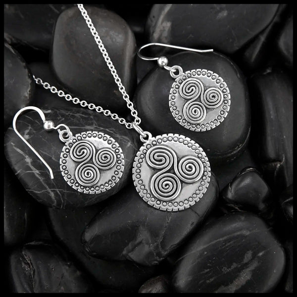 Newgrange Triskele Pendant and Earring Set in Sterling Silver