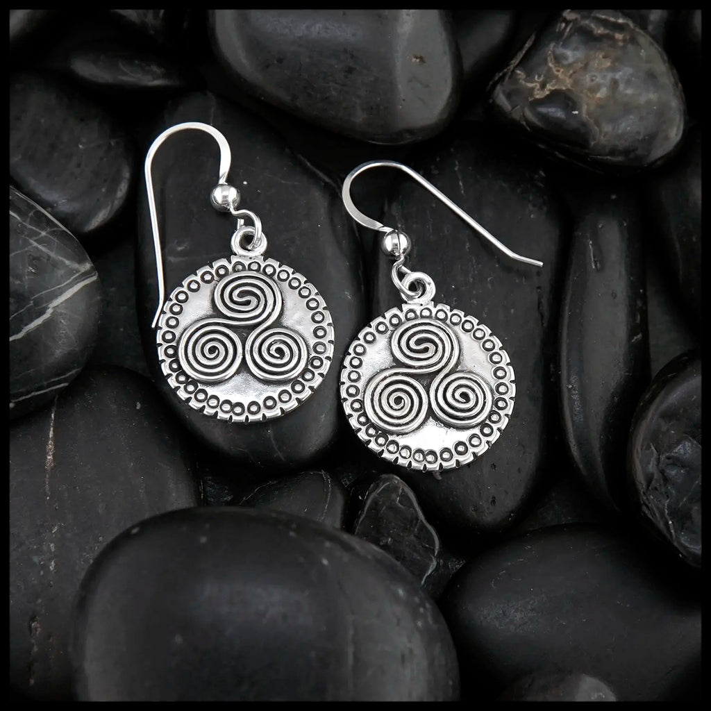 Newgrange Triskele Drop earrings in Sterling Silver