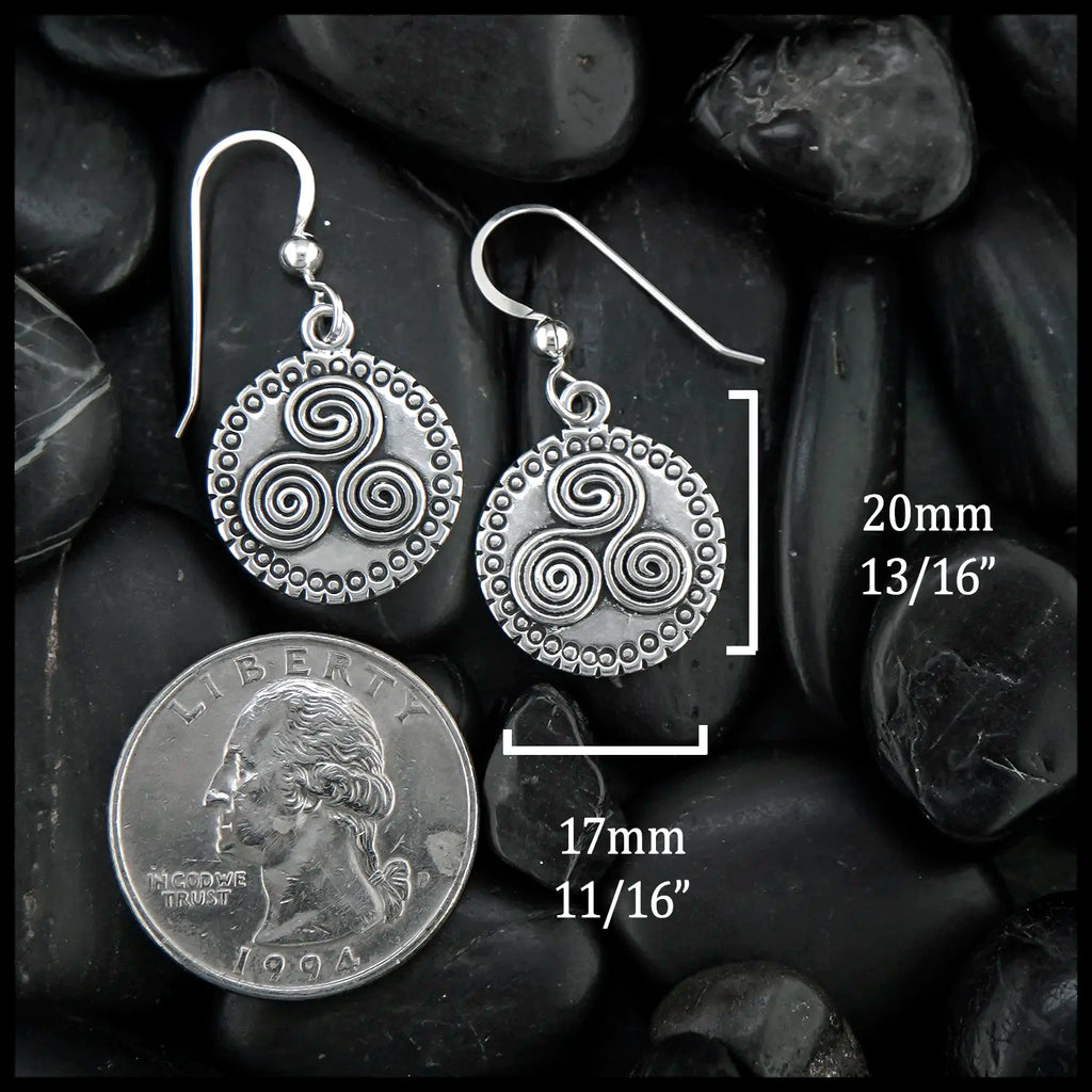 Newgrange Triskele Drop earrings in Sterling Silver
20mm x 17mm